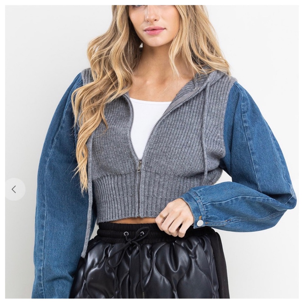 Rib Knit and Denim Contrast Crop Hoodie Jacket - Picture 6 of 6
